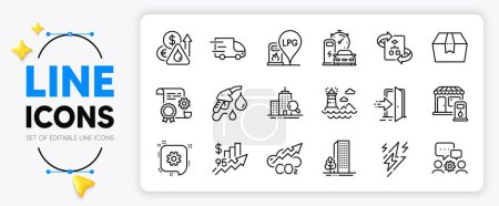 Illustration for Package box, Entrance and Co2 line icons set for app include Cogwheel, Technical algorithm, Filling station outline thin icon. Lightning bolt, Petrol station, Lighthouse pictogram icon. Vector - Royalty Free Image