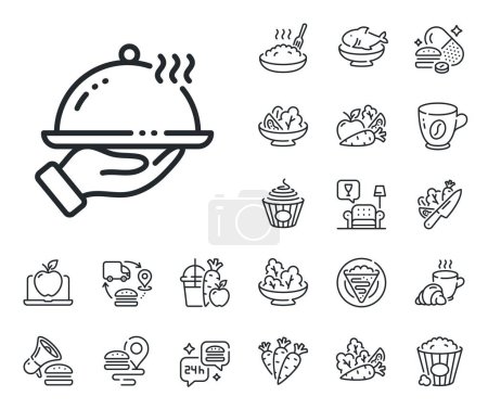 Illustration for Dinner sign. Crepe, sweet popcorn and salad outline icons. Restaurant food line icon. Hotel room service symbol. Restaurant food line sign. Pasta spaghetti, fresh juice icon. Supply chain. Vector - Royalty Free Image
