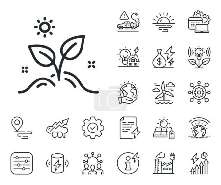 Illustration for Grow plant leaf sign. Energy, Co2 exhaust and solar panel outline icons. Leaves line icon. Environmental care symbol. Grow plant line sign. Eco electric or wind power icon. Green planet. Vector - Royalty Free Image