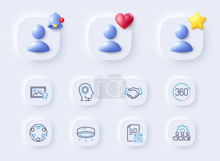 Illustration for Psychology, Inclusion and Teamwork line icons. Placeholder with 3d bell, star, heart. Pack of Upload photo, 360 degrees, Qr code icon. Employees handshake, Led lamp pictogram. Vector - Royalty Free Image