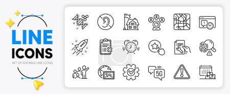 Illustration for Startup rocket, Reject checklist and 5g internet line icons set for app include Delivery calendar, Project deadline, No hearing outline thin icon. Metro map, Building. Vector - Royalty Free Image