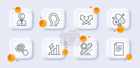 Illustration for Copyrighter, Document and Psychology line icons pack. 3d glass buttons with blurred circles. Cogwheel settings, Consumption growth, Project edit web icon. Vector - Royalty Free Image