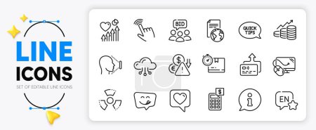 Illustration for Computer mouse, Card and Yummy smile line icons set for app include Heart, Growth chart, Calculator outline thin icon. Heart beat, Translation service, Quickstart guide pictogram icon. Vector - Royalty Free Image