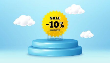 Illustration for Sale 10 percent off banner. Winner podium 3d base. Product offer pedestal. Discount sticker shape. Coupon star icon. Sale 10 percent promotion message. Background with 3d clouds. Vector - Royalty Free Image