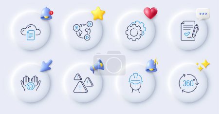 Illustration for Approved agreement, Attention and 360 degree line icons. Buttons with 3d bell, chat speech, cursor. Pack of Settings gears, File storage, Video conference icon. Favorite, Foreman pictogram. Vector - Royalty Free Image