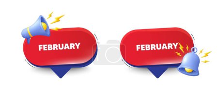 Illustration for February month icon. Speech bubbles with 3d bell, megaphone. Event schedule Feb date. Meeting appointment planner. February chat speech message. Red offer talk box. Vector - Royalty Free Image