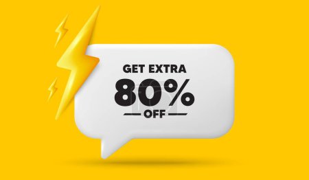 Illustration for Get Extra 80 percent off Sale. 3d speech bubble banner with power energy. Discount offer price sign. Special offer symbol. Save 80 percentages. Extra discount chat speech message. Vector - Royalty Free Image
