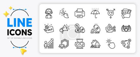 Illustration for Laureate medal, Rent car and Genders line icons set for app include Currency exchange, Touchpoint, Packing things outline thin icon. Megaphone, Sale, Vegetables pictogram icon. Brush. Vector - Royalty Free Image