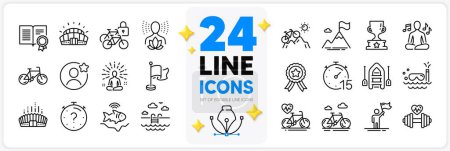 Illustration for Icons set of Mountain bike, Bicycle and Sports stadium line icons pack for app with Yoga, Diploma, Swimming pool thin outline icon. Flag, Best friend, Bike pictogram. Boat, Leadership. Vector - Royalty Free Image