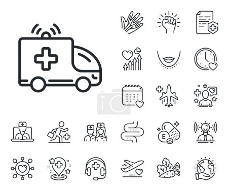 Illustration for Medical emergency transport sign. Online doctor, patient and medicine outline icons. Ambulance car line icon. Ambulance car line sign. Veins, nerves and cosmetic procedure icon. Intestine. Vector - Royalty Free Image