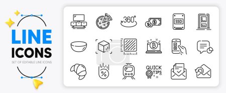 Illustration for Tv stand, Dollar money and Entrance line icons set for app include Loan percent, Quick tips, Square meter outline thin icon. Train, Send mail, Approved mail pictogram icon. Mobile survey. Vector - Royalty Free Image