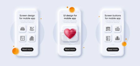 Illustration for Lighthouse, Window and Arena line icons pack. 3d phone mockups with heart. Glass smartphone screen. Sports stadium, Hospital building, Open door web icon. Market sale, Agent pictogram. Vector - Royalty Free Image