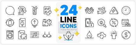 Illustration for Icons set of Capsule pill, Thumb down and Waterproof line icons pack for app with Strategy, Bra, Swipe up thin outline icon. Dollar money, Private payment, Smartphone target pictogram. Vector - Royalty Free Image