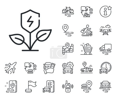 Illustration for Electric energy sign. Plane, supply chain and place location outline icons. Eco power line icon. Charging shield symbol. Eco power line sign. Taxi transport, rent a bike icon. Travel map. Vector - Royalty Free Image