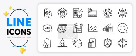Illustration for Contactless payment, Computer fingerprint and Growth chart line icons set for app include Cyber attack, Loyalty points, Headhunter outline thin icon. Surprise gift, Copywriting network. Vector - Royalty Free Image
