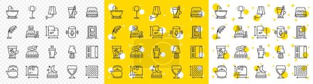 Illustration for Outline Teapot, Entrance and Floor plan line icons pack for web with Box size, Latte, Open door line icon. Bath, Square area, Furniture pictogram icon. Wall lamp, Wine glass, Tea mug. Vector - Royalty Free Image