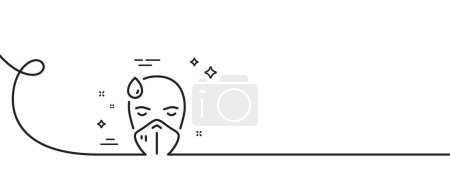 Illustration for Sick man with medical mask line icon. Continuous one line with curl. Safety respiratory mask sign. Coronavirus face protection symbol. Sick man single outline ribbon. Loop curve pattern. Vector - Royalty Free Image