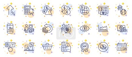 Illustration for Outline set of Card, Business vision and Trade chart line icons for web app. Include Smartphone statistics, Calculator alarm, Calendar graph pictogram icons. Online tax. Circles with 3d stars. Vector - Royalty Free Image