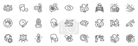 Illustration for Icons pack as Do not touch, Medical flight and Coronavirus pandemic line icons for app include Vitamin u, Dont touch, Conjunctivitis eye outline thin icon web set. Medical mask. Vector - Royalty Free Image