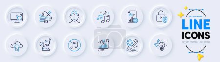 Illustration for Fingerprint lock, Report and Microscope line icons for web app. Pack of Report document, Eco energy, Music pictogram icons. No music, Touch screen, Brain working signs. Project edit. Vector - Royalty Free Image