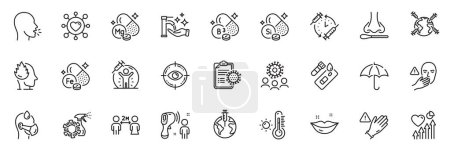 Illustration for Icons pack as Coronavirus, Sick man and Dont touch line icons for app include Use gloves, Iron, Washing hands outline thin icon web set. Magnesium mineral, Electronic thermometer. Vector - Royalty Free Image