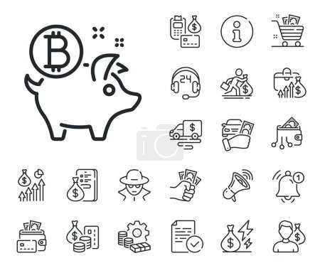 Illustration for Cryptocurrency coin sign. Cash money, loan and mortgage outline icons. Bitcoin line icon. Piggy bank money symbol. Bitcoin coin line sign. Credit card, crypto wallet icon. Vector - Royalty Free Image