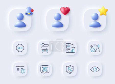 Illustration for Spanner, Phone search and Car charge line icons. Placeholder with 3d bell, star, heart. Pack of Eye, Instruction manual, House security icon. Qr code, Seo pictogram. For web app, printing. Vector - Royalty Free Image