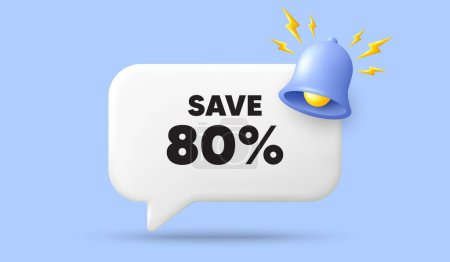 Illustration for Save 80 percent off tag. 3d speech bubble banner with bell. Sale Discount offer price sign. Special offer symbol. Discount chat speech message. 3d offer talk box. Vector - Royalty Free Image