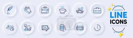 Illustration for Tool case, Coffee cup and Car parking line icons for web app. Pack of Time, Clapping hands, Floor lamp pictogram icons. Restaurant app, Portfolio, Teamwork signs. Arena stadium. Vector - Royalty Free Image