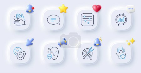Illustration for Update data, Uv protection and Chat line icons. Buttons with 3d bell, chat speech, cursor. Pack of Archery, Filter, Clapping hands icon. Time management, Ranking stars pictogram. Vector - Royalty Free Image