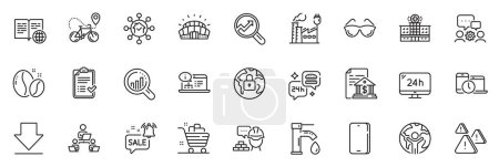 Illustration for Icons pack as Grocery basket, Eyeglasses and Internet book line icons for app include Phone, Coffee beans, Approved checklist outline thin icon web set. Build, Sports stadium, Lock pictogram. Vector - Royalty Free Image