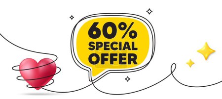 Illustration for 60 percent discount offer tag. Continuous line art banner. Sale price promo sign. Special offer symbol. Discount speech bubble background. Wrapped 3d heart icon. Vector - Royalty Free Image