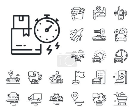 Illustration for Parcel shipment sign. Plane, supply chain and place location outline icons. Delivery time line icon. Express service symbol. Delivery time line sign. Taxi transport, rent a bike icon. Vector - Royalty Free Image