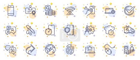 Illustration for Outline set of Notebook service, Fingerprint and Certificate line icons for web app. Include Cogwheel dividers, Smartphone, Confirmed pictogram icons. Inspect, Computer mouse. Vector - Royalty Free Image