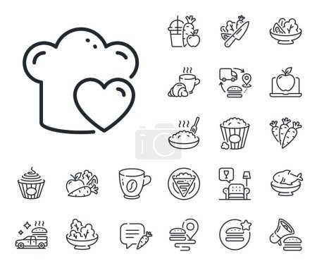 Illustration for Chef sign. Crepe, sweet popcorn and salad outline icons. Cooking hat line icon. Love food preparation symbol. Love cooking line sign. Pasta spaghetti, fresh juice icon. Supply chain. Vector - Royalty Free Image