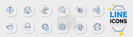 Illustration for Volunteer, Dont touch and Medical mask line icons for web app. Pack of Difficult stress, Skin condition, Vaccine announcement pictogram icons. Dating, Donation, Fahrenheit thermometer signs. Vector - Royalty Free Image