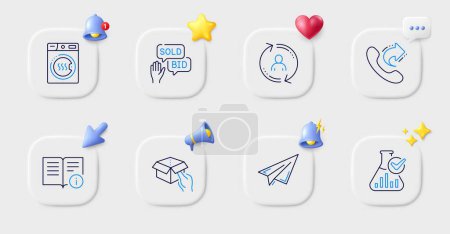 Illustration for Paper plane, Dryer machine and Share call line icons. Buttons with 3d bell, chat speech, cursor. Pack of User info, Hold box, Bid offer icon. Technical info, Chemistry lab pictogram. Vector - Royalty Free Image