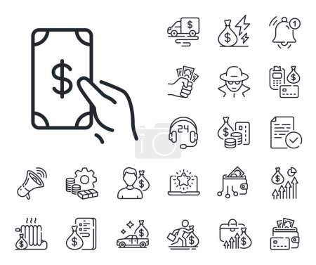 Illustration for Banking currency sign. Cash money, loan and mortgage outline icons. Hold Cash money line icon. Dollar or USD symbol. Receive money line sign. Credit card, crypto wallet icon. Vector - Royalty Free Image