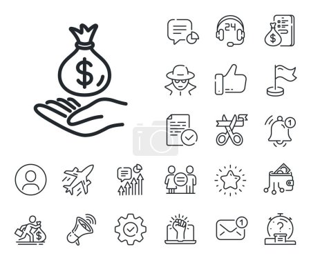Illustration for Savings sign. Salaryman, gender equality and alert bell outline icons. Income money line icon. Save finance symbol. Income money line sign. Spy or profile placeholder icon. Vector - Royalty Free Image