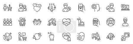 Illustration for Icons pack as Equity, Genders and Voting campaign line icons for app include Search people, Couple, Cyber attack outline thin icon web set. Heart, Father day, User communication pictogram. Vector - Royalty Free Image