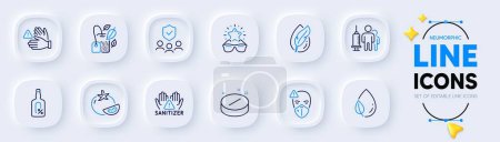 Illustration for Clean hands, Tomato and Dont touch line icons for web app. Pack of Medical tablet, Alcohol free, Mint bag pictogram icons. Medical vaccination, Hypoallergenic tested, Leaf dew signs. Vector - Royalty Free Image