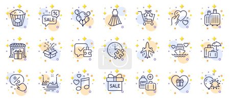 Illustration for Outline set of Romantic gift, Bumper cars and Honeymoon cruise line icons for web app. Include Gift shop, Luggage insurance, Love music pictogram icons. Puzzle time, Balloon dart. Vector - Royalty Free Image