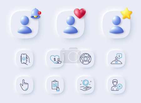 Illustration for Approved app, Remove account and Clipboard line icons. Placeholder with 3d bell, star, heart. Pack of Volunteer, Cursor, Interview icon. Cyber attack, Employee hand pictogram. Vector - Royalty Free Image