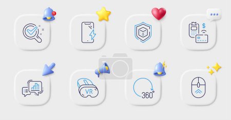 Illustration for Pos terminal, Dice and Smartphone charging line icons. Buttons with 3d bell, chat speech, cursor. Pack of Swipe up, 360 degrees, Vr icon. Graph chart, Chemistry lab pictogram. Vector - Royalty Free Image