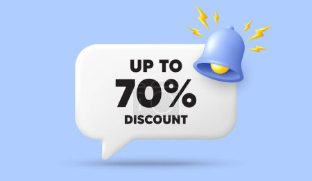 Illustration for Up to 70 percent discount. 3d speech bubble banner with bell. Sale offer price sign. Special offer symbol. Save 70 percentages. Discount tag chat speech message. 3d offer talk box. Vector - Royalty Free Image