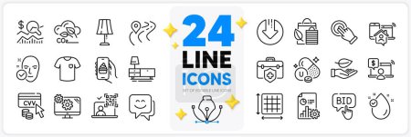 Illustration for Icons set of Dresser, Online shopping and Road line icons pack for app with Vitamin e, Health skin, Food app thin outline icon. Bid offer, Check investment, Report pictogram. Vector - Royalty Free Image