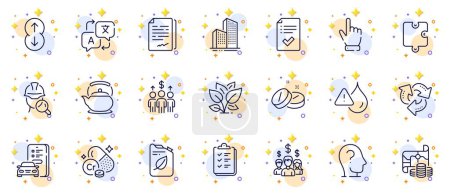 Illustration for Outline set of Teapot, Leaf and Inspect line icons for web app. Include Meeting, Treasure map, Translate pictogram icons. Salary employees, Approved checklist, Psychology signs. Recycle. Vector - Royalty Free Image