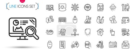 Illustration for Pack of Food delivery, Touchscreen gesture and Qr code line icons. Include Smartwatch, Recovery file, Idea pictogram icons. Framework, Augmented reality, Warning signs. Seo analytics. Vector - Royalty Free Image