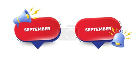 Illustration for September month icon. Speech bubbles with 3d bell, megaphone. Event schedule Sep date. Meeting appointment planner. September chat speech message. Red offer talk box. Vector - Royalty Free Image