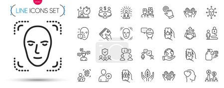 Illustration for Pack of Consulting business, Fair trade and Face biometrics line icons. Include Face attention, Wallet, Computer fingerprint pictogram icons. People insurance, Ab testing, Add user signs. Vector - Royalty Free Image